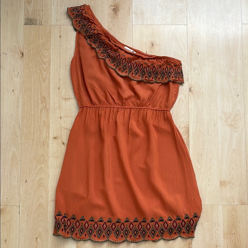 Mine - Orange One-Shoulder Grecian Style Sundress Ruffle Neckline